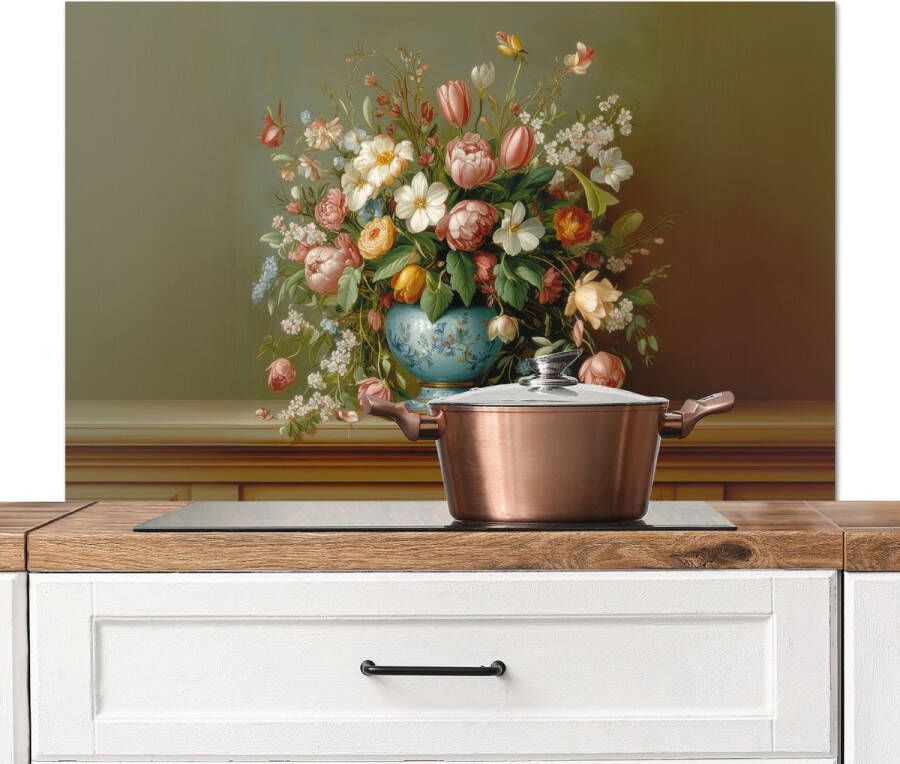KitchenYeah Spatscherm keuken 100x65 cm Kookplaat achterwand Vaas Pastel Kleuren Bloemen Muurbeschermer Spatwand fornuis Hoogwaardig aluminium