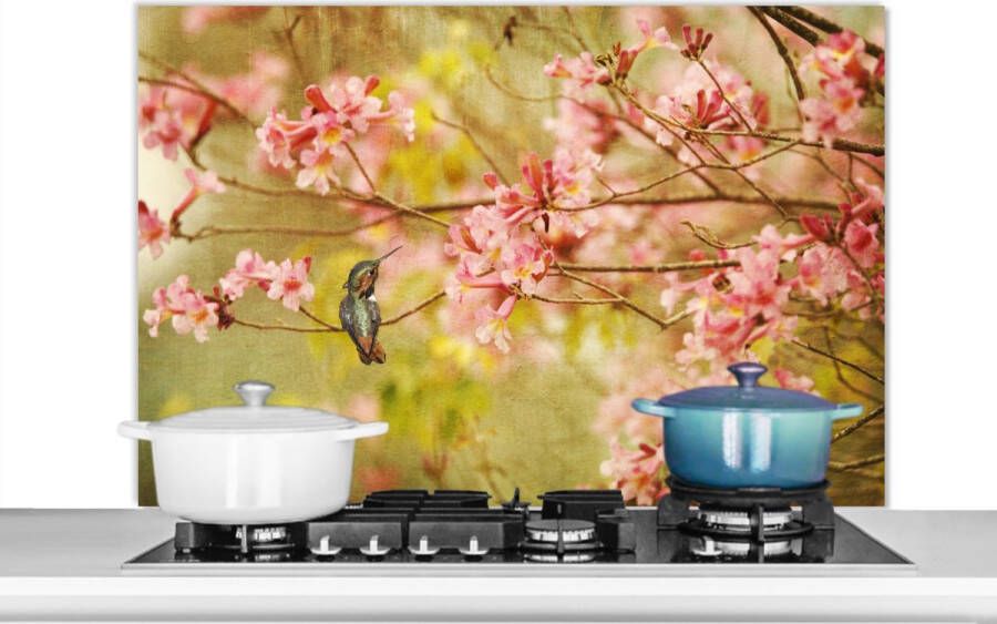KitchenYeah Spatscherm keuken 100x65 cm Kookplaat achterwand Vogel Kolibrie Bloesem Roze Muurbeschermer Spatwand fornuis Hoogwaardig aluminium