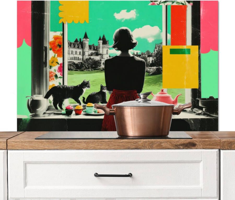 KitchenYeah Spatscherm keuken 100x65 cm Kookplaat achterwand Vrouw Keuken Katten Doorkijk Muurbeschermer Spatwand fornuis Hoogwaardig aluminium