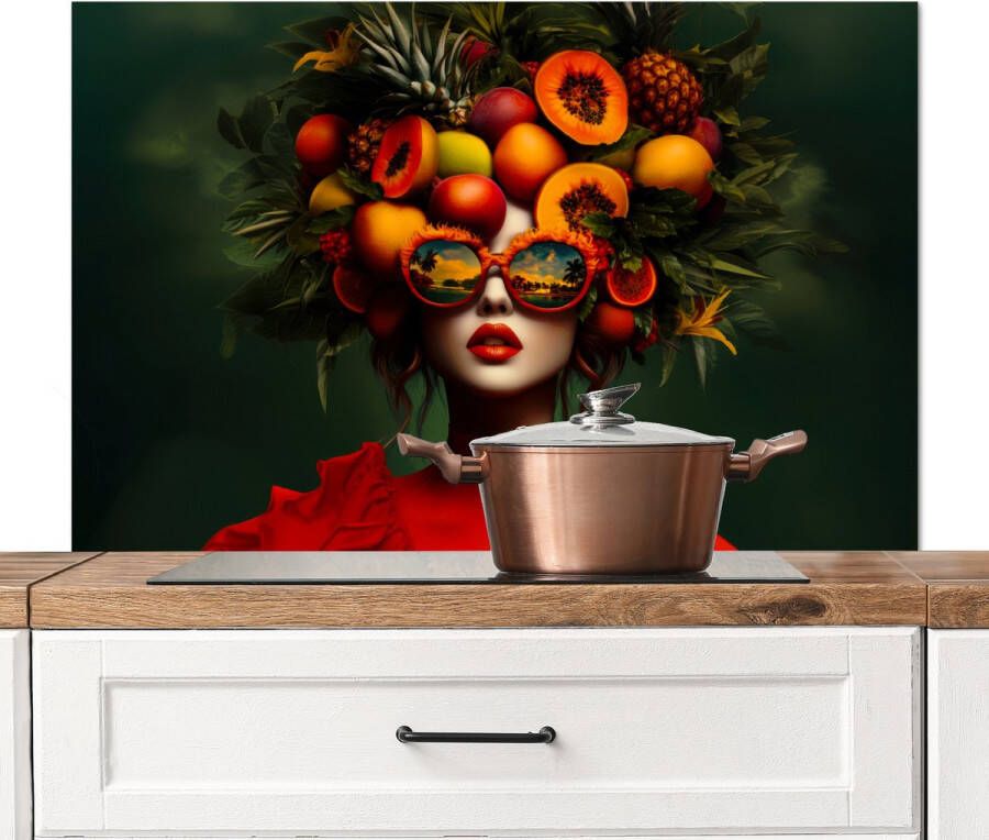 KitchenYeah Spatscherm keuken 100x65 cm Kookplaat achterwand Vrouw Vruchten Papaja Ananas Muurbeschermer Spatwand fornuis Hoogwaardig aluminium