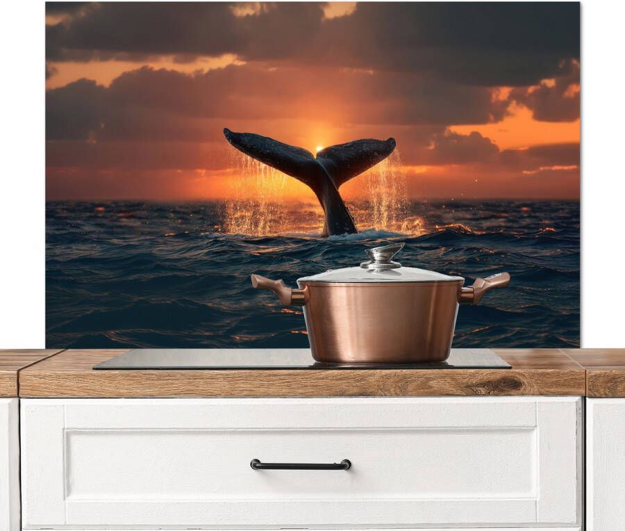 KitchenYeah Spatscherm keuken 100x65 cm Kookplaat achterwand Walvis staart Water Zonsondergang Muurbeschermer Spatwand fornuis Hoogwaardig aluminium