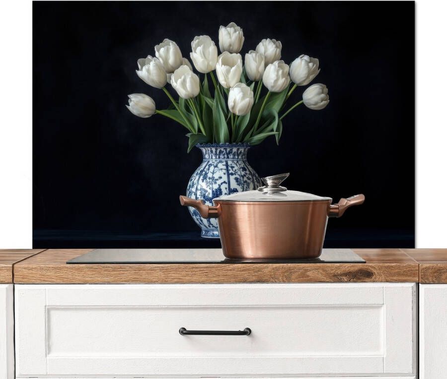 KitchenYeah Spatscherm keuken 100x65 cm Kookplaat achterwand Wit Bloemen Tulpen Vaas Muurbeschermer Spatwand fornuis Hoogwaardig aluminium
