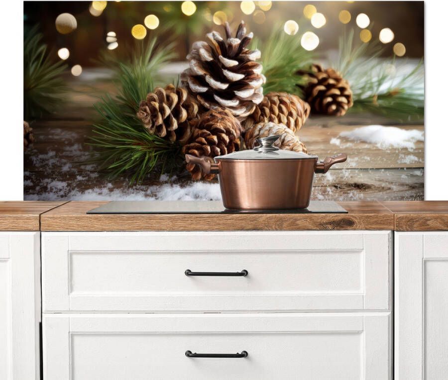 KitchenYeah Spatscherm keuken 120x60 cm Kookplaat achterwand Dennenappels Kerstsfeer Bruin Groen Muurbeschermer Spatwand fornuis Hoogwaardig aluminium