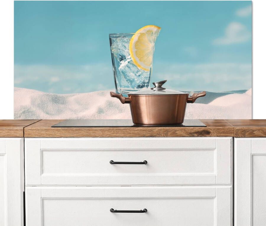 KitchenYeah Spatscherm keuken 120x60 cm Kookplaat achterwand Glas ijsblokjes Citroen Muurbeschermer Spatwand fornuis Hoogwaardig aluminium