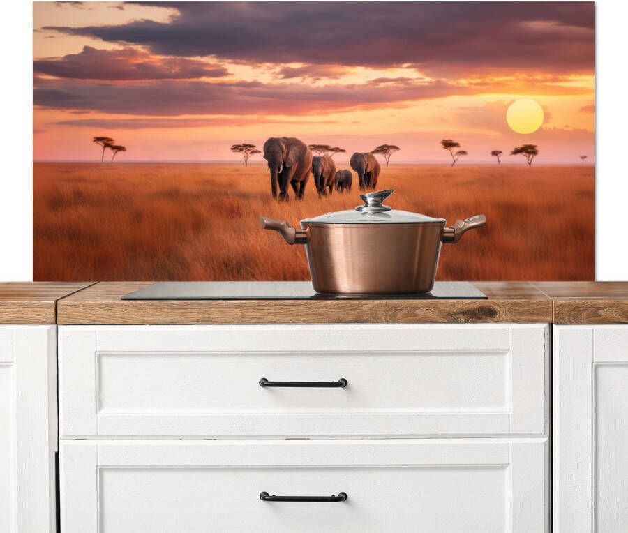 KitchenYeah Spatscherm keuken 120x60 cm Kookplaat achterwand Groep olifanten Open vlakte Zon Muurbeschermer Spatwand fornuis Hoogwaardig aluminium