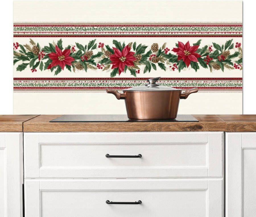 KitchenYeah Spatscherm keuken 120x60 cm Kookplaat achterwand Kerststrook Poinsettia Rood Groen Muurbeschermer Spatwand fornuis Hoogwaardig aluminium