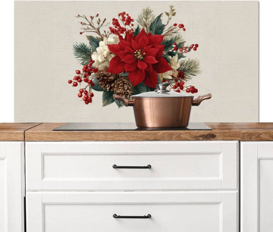 KitchenYeah Spatscherm keuken 120x60 cm Kookplaat achterwand Kerststuk Poinsettia Dennenappels Rood Muurbeschermer Spatwand fornuis Hoogwaardig aluminium