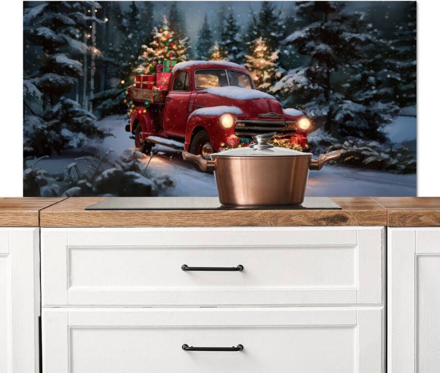 KitchenYeah Spatscherm keuken 120x60 cm Kookplaat achterwand Kersttruck Sneeuwbos Rood Muurbeschermer Spatwand fornuis Hoogwaardig aluminium