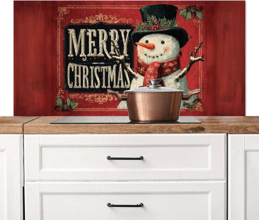KitchenYeah Spatscherm keuken 120x60 cm Kookplaat achterwand Klassiek Kerstgroet Sneeuwpop Rood Muurbeschermer Spatwand fornuis Hoogwaardig aluminium
