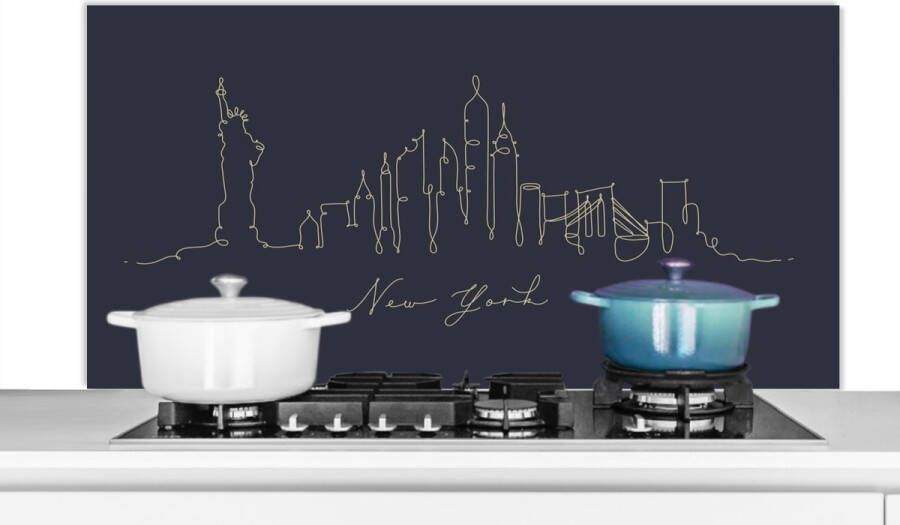 KitchenYeah Spatscherm keuken 120x60 cm Kookplaat achterwand New York Silhouette Blauw Muurbeschermer Spatwand fornuis Hoogwaardig aluminium