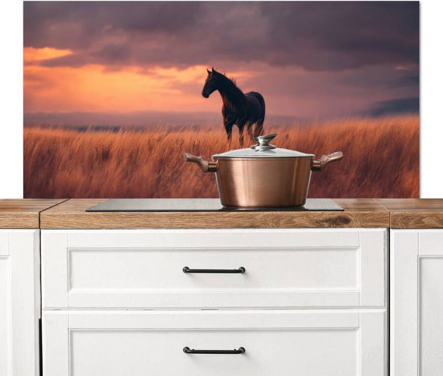 KitchenYeah Spatscherm keuken 120x60 cm Kookplaat achterwand Paard Wolken Open veld Muurbeschermer Spatwand fornuis Hoogwaardig aluminium
