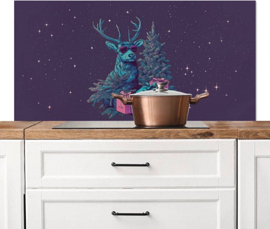 KitchenYeah Spatscherm keuken 120x60 cm Kookplaat achterwand Rendier Zonnebril Neon Kerstboom Muurbeschermer Spatwand fornuis Hoogwaardig aluminium