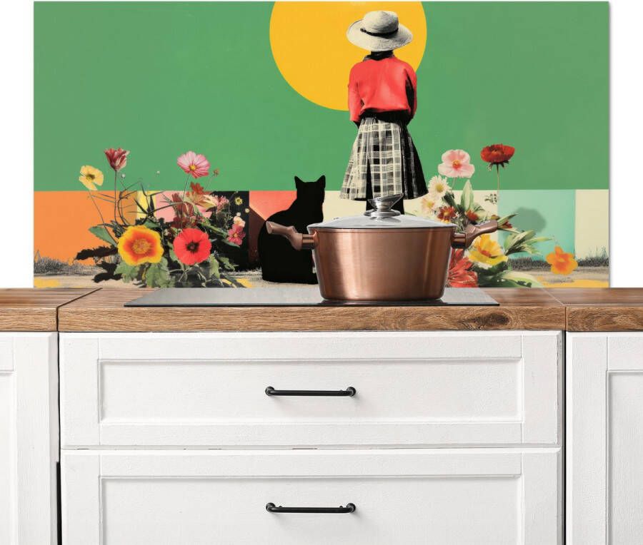 KitchenYeah Spatscherm keuken 120x60 cm Kookplaat achterwand Retro Meisje Kat Zon Muurbeschermer Spatwand fornuis Hoogwaardig aluminium