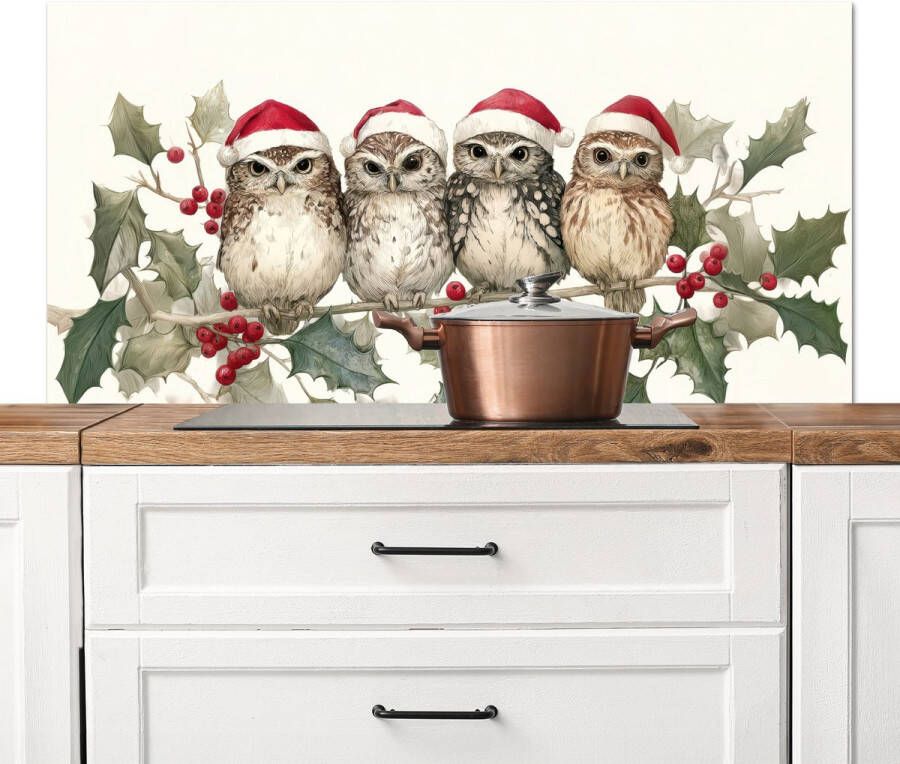 KitchenYeah Spatscherm keuken 120x60 cm Kookplaat achterwand Uilen Tak Hulstblaadjes Kerstmuts Muurbeschermer Spatwand fornuis Hoogwaardig aluminium