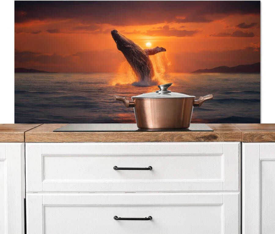KitchenYeah Spatscherm keuken 120x60 cm Kookplaat achterwand Walvis Zon Zee Muurbeschermer Spatwand fornuis Hoogwaardig aluminium