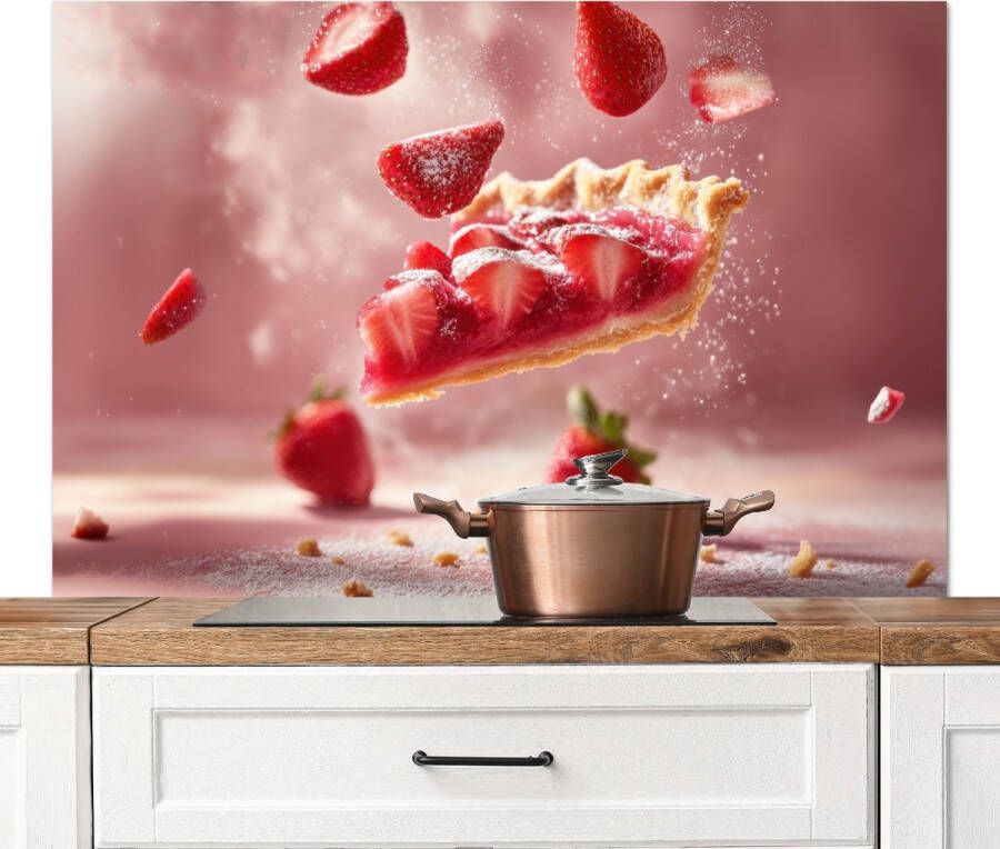 KitchenYeah Spatscherm keuken 120x80 cm Kookplaat achterwand Aardbei Taart- Eten Roze Muurbeschermer Spatwand fornuis Hoogwaardig aluminium