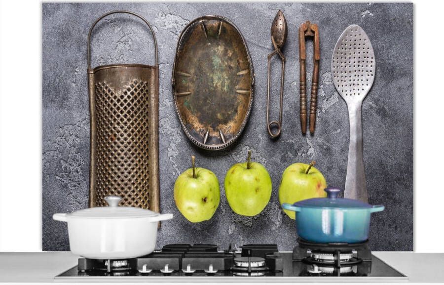 KitchenYeah Spatscherm keuken 120x80 cm Kookplaat achterwand Appel Keukengerei Keukengereedschap Muurbeschermer Spatwand fornuis Hoogwaardig aluminium