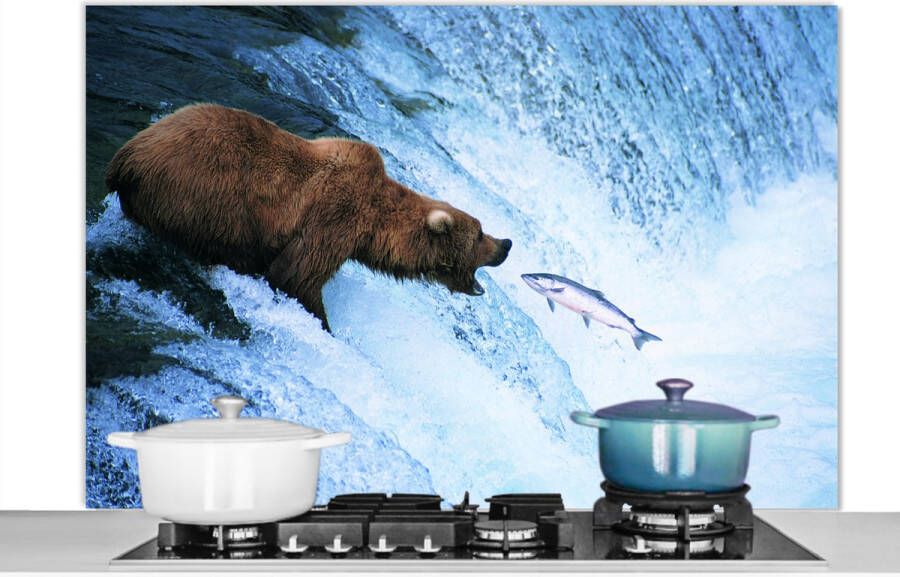 KitchenYeah Spatscherm keuken 120x80 cm Kookplaat achterwand Beer Vis Waterval Muurbeschermer Spatwand fornuis Hoogwaardig aluminium