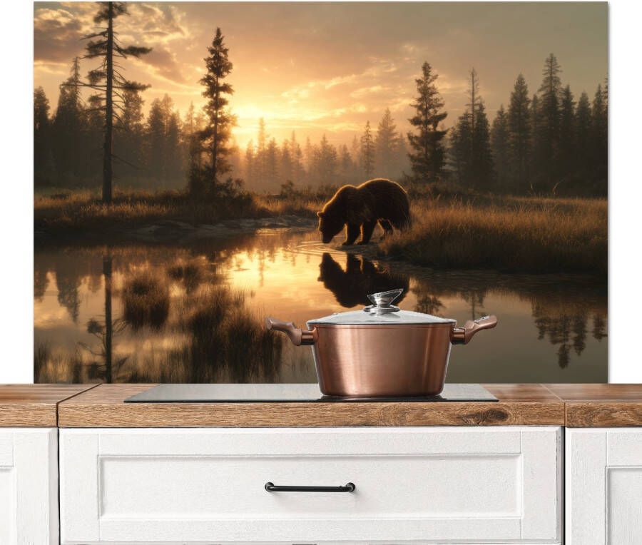 KitchenYeah Spatscherm keuken 120x80 cm Kookplaat achterwand Beer water Bos Ochtendlicht Muurbeschermer Spatwand fornuis Hoogwaardig aluminium