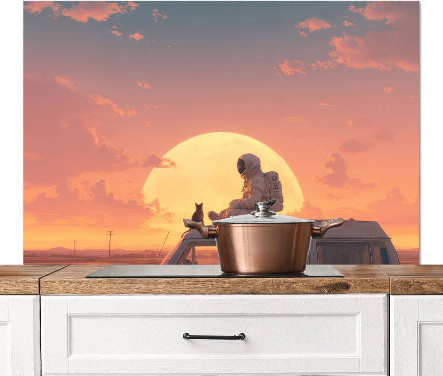 KitchenYeah Spatscherm keuken 120x80 cm Kookplaat achterwand Busje Kat Zonsondergang Oranje Muurbeschermer Spatwand fornuis Hoogwaardig aluminium