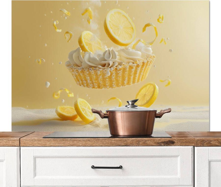 KitchenYeah Spatscherm keuken 120x80 cm Kookplaat achterwand Citroen Taart Eten Geel Muurbeschermer Spatwand fornuis Hoogwaardig aluminium