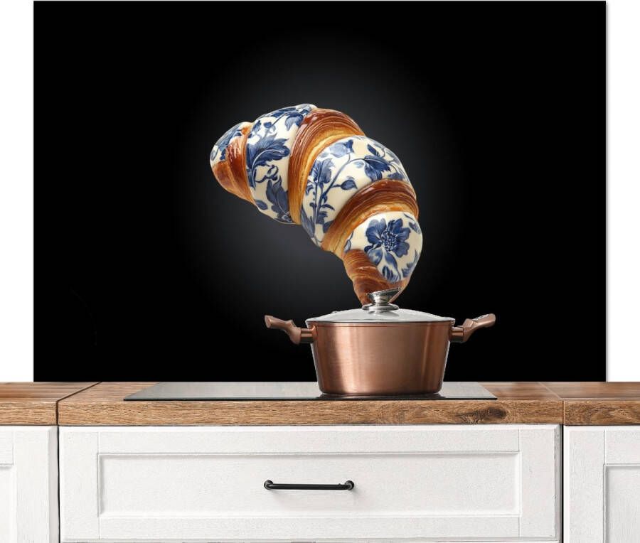 KitchenYeah Spatscherm keuken 120x80 cm Kookplaat achterwand Croissant Bloemenpatroon Delftsblauw Muurbeschermer Spatwand fornuis Hoogwaardig aluminium