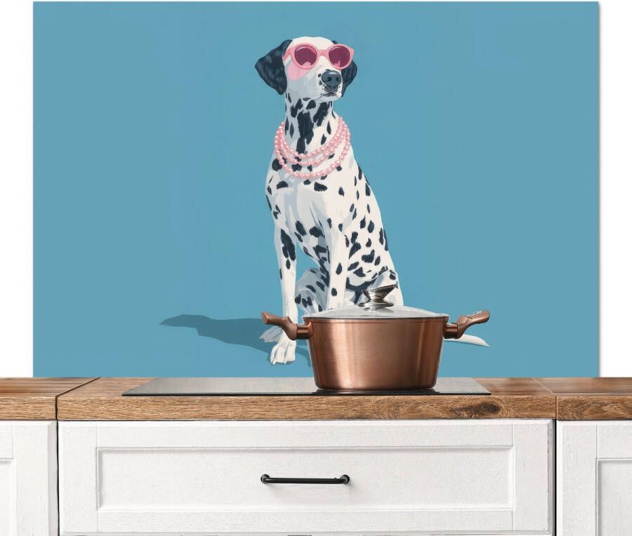 KitchenYeah Spatscherm keuken 120x80 cm Kookplaat achterwand Dalmatiër Zonnebril Blauw Muurbeschermer Spatwand fornuis Hoogwaardig aluminium