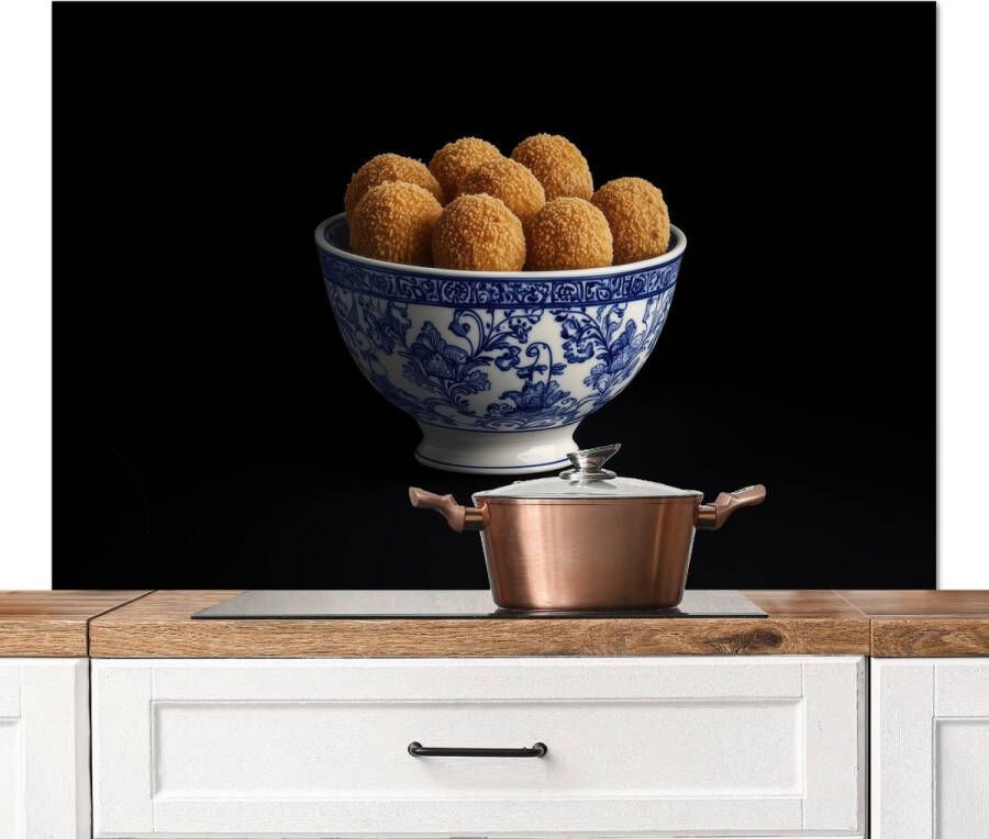 KitchenYeah Spatscherm keuken 120x80 cm Kookplaat achterwand Delfts blauw Bitterballen Holland Schaal Muurbeschermer Spatwand fornuis Hoogwaardig aluminium
