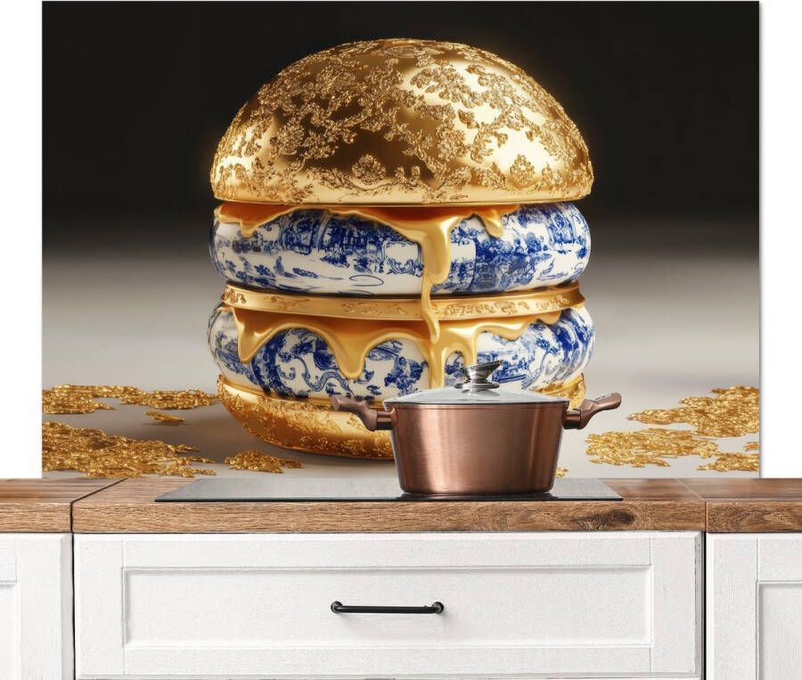 KitchenYeah Spatscherm keuken 120x80 cm Kookplaat achterwand Delftsblauw Goud Burger Muurbeschermer Spatwand fornuis Hoogwaardig aluminium