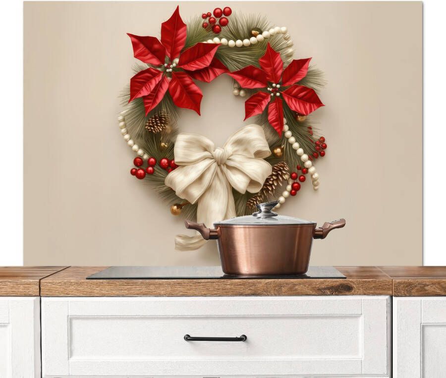 KitchenYeah Spatscherm keuken 120x80 cm Kookplaat achterwand Deurkrans Strik Kerst Rood Groen Muurbeschermer Spatwand fornuis Hoogwaardig aluminium