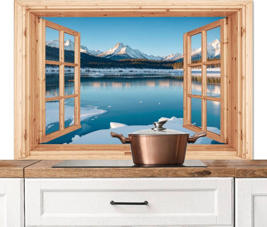 KitchenYeah Spatscherm keuken 120x80 cm Kookplaat achterwand Doorkijk Landschap Winter Meer Bergen Uitzicht Muurbeschermer Spatwand fornuis Hoogwaardig aluminium