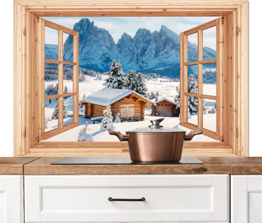 KitchenYeah Spatscherm keuken 120x80 cm Kookplaat achterwand Doorkijk Winterlandschap Huisje Bergen Uitzicht Muurbeschermer Spatwand fornuis Hoogwaardig aluminium