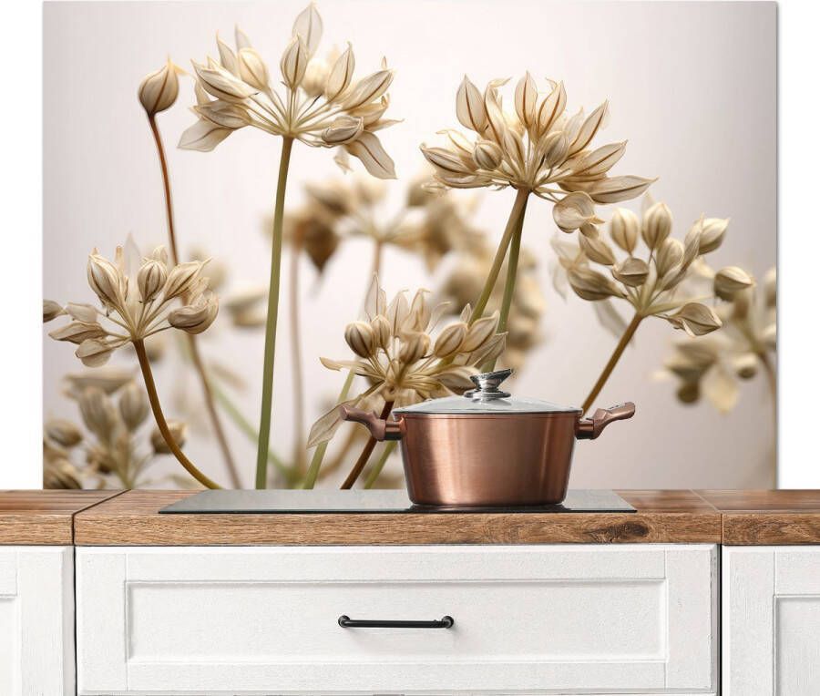 KitchenYeah Spatscherm keuken 120x80 cm Kookplaat achterwand Droogbloemen Beige Wit Planten Muurbeschermer Spatwand fornuis Hoogwaardig aluminium