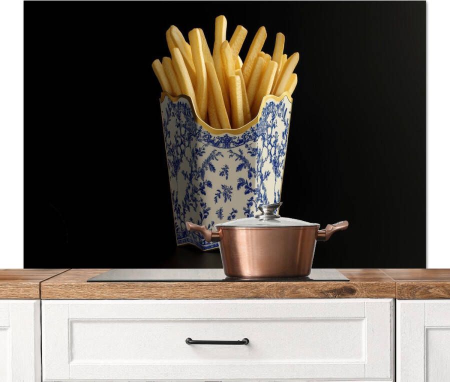 KitchenYeah Spatscherm keuken 120x80 cm Kookplaat achterwand Friet Porselein Delfts blauw Eten Muurbeschermer Spatwand fornuis Hoogwaardig aluminium