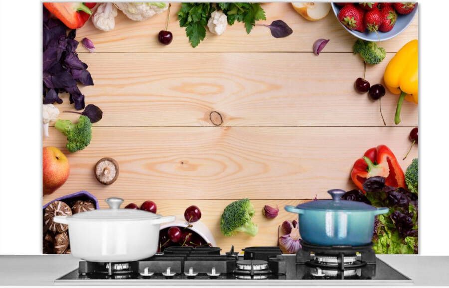 KitchenYeah Spatscherm keuken 120x80 cm Kookplaat achterwand Fruit Aardbeien Paprika Keuken Muurbeschermer Spatwand fornuis Hoogwaardig aluminium