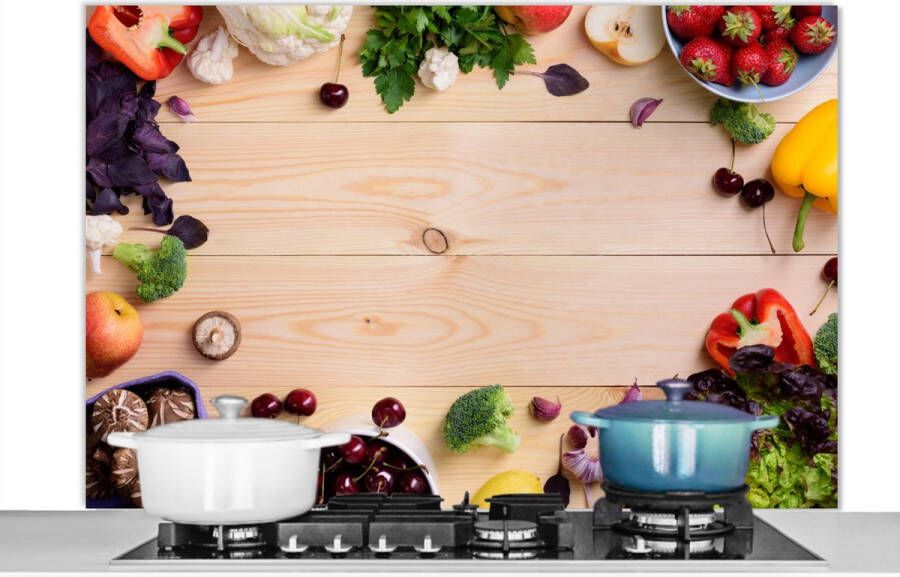 KitchenYeah Spatscherm keuken 120x80 cm Kookplaat achterwand Fruit Aardbeien Paprika Keuken Muurbeschermer Spatwand fornuis Hoogwaardig aluminium