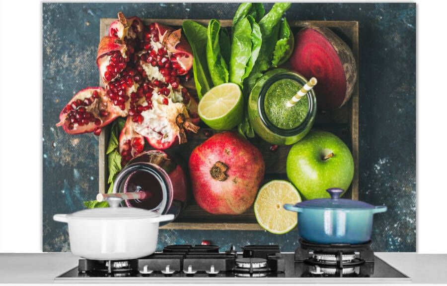 KitchenYeah Spatscherm keuken 120x80 cm Kookplaat achterwand Fruitkist Fruit Smoothie Muurbeschermer Spatwand fornuis Hoogwaardig aluminium