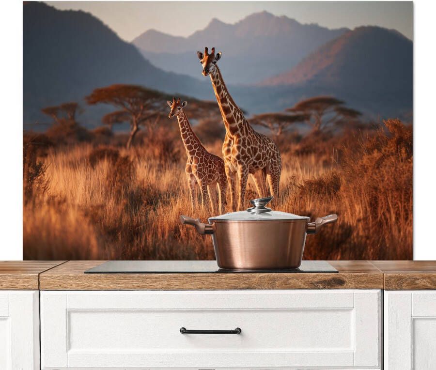 KitchenYeah Spatscherm keuken 120x80 cm Kookplaat achterwand Giraffen Hoog gras Acaciabomen Muurbeschermer Spatwand fornuis Hoogwaardig aluminium
