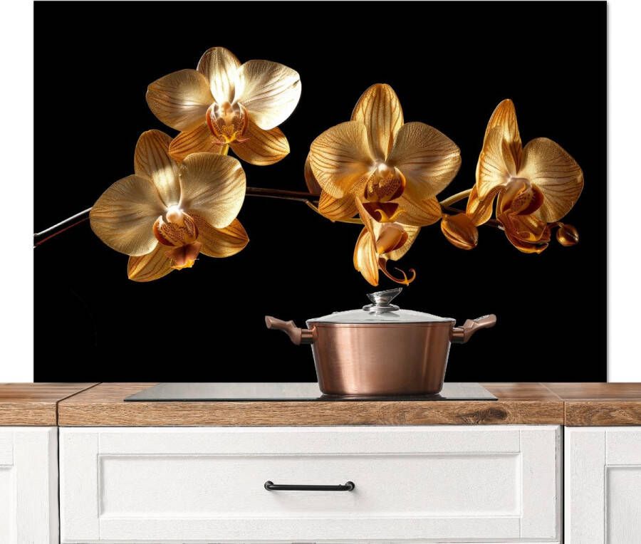 KitchenYeah Spatscherm keuken 120x80 cm Kookplaat achterwand Goud Orchidee Bloemen Zwart Muurbeschermer Spatwand fornuis Hoogwaardig aluminium