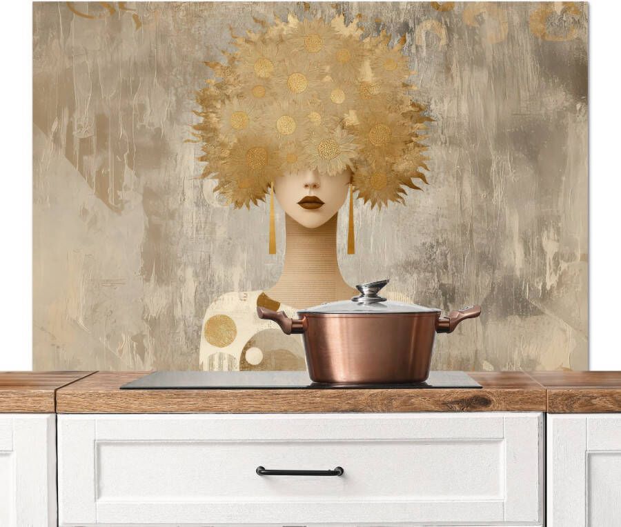KitchenYeah Spatscherm keuken 120x80 cm Kookplaat achterwand Goud Portret Vrouw Muurbeschermer Spatwand fornuis Hoogwaardig aluminium