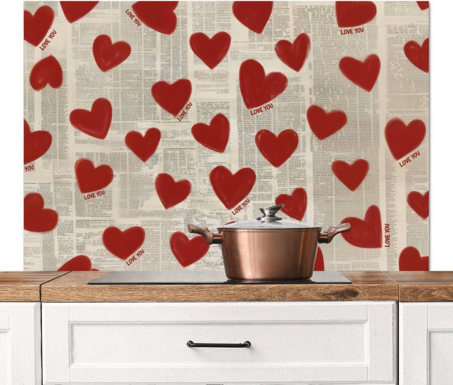 KitchenYeah Spatscherm keuken 120x80 cm Kookplaat achterwand Hartjes Krant Loveyou Muurbeschermer Spatwand fornuis Hoogwaardig aluminium