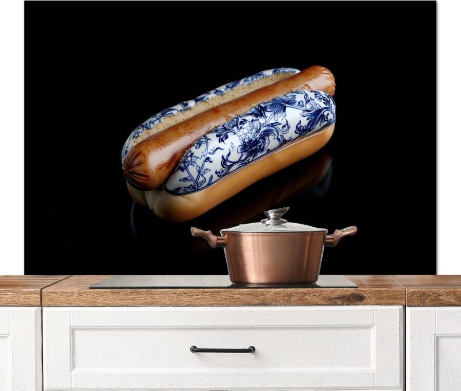 KitchenYeah Spatscherm keuken 120x80 cm Kookplaat achterwand Hotdog Porselein Delfts blauw Eten Muurbeschermer Spatwand fornuis Hoogwaardig aluminium