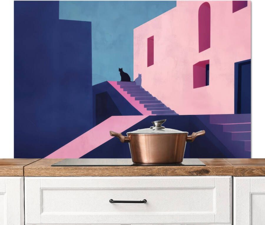 KitchenYeah Spatscherm keuken 120x80 cm Kookplaat achterwand Kat Trap Gebouwen Schaduwcontrasten Muurbeschermer Spatwand fornuis Hoogwaardig aluminium
