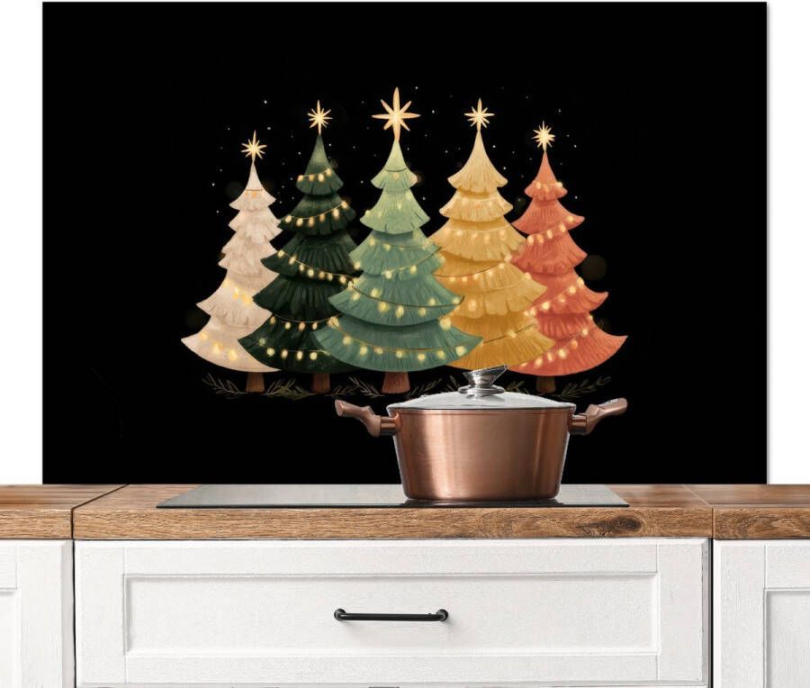 KitchenYeah Spatscherm keuken 120x80 cm Kookplaat achterwand Kerstbomen Kleurrijk Lichtjes Ster Muurbeschermer Spatwand fornuis Hoogwaardig aluminium