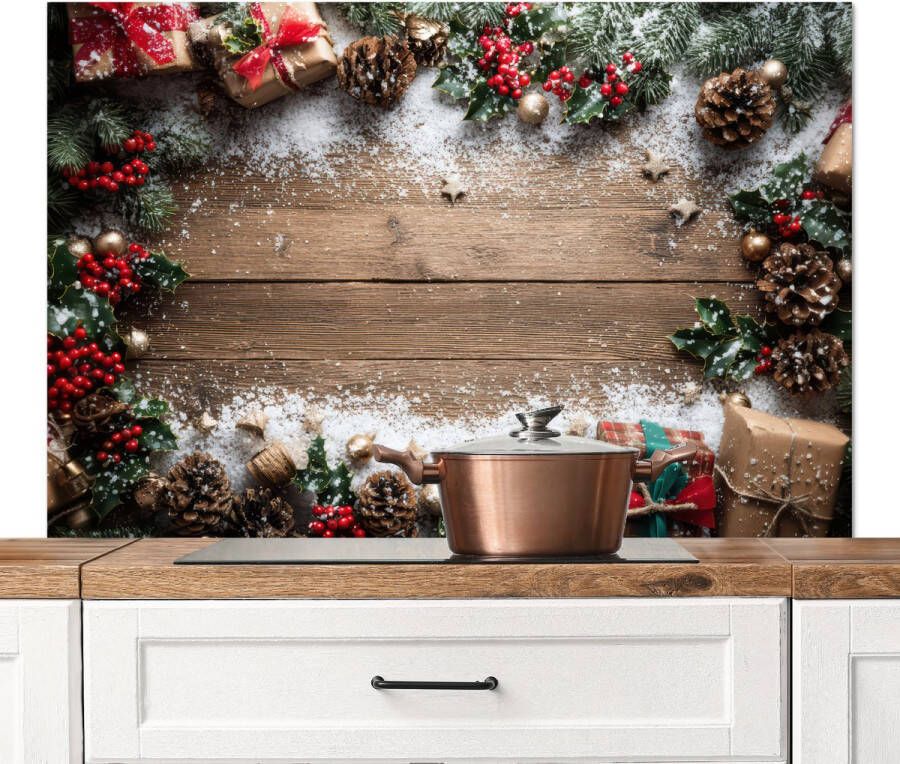 KitchenYeah Spatscherm keuken 120x80 cm Kookplaat achterwand Kerstdecoratie Geschenken Hout Veelkleurig Muurbeschermer Spatwand fornuis Hoogwaardig aluminium
