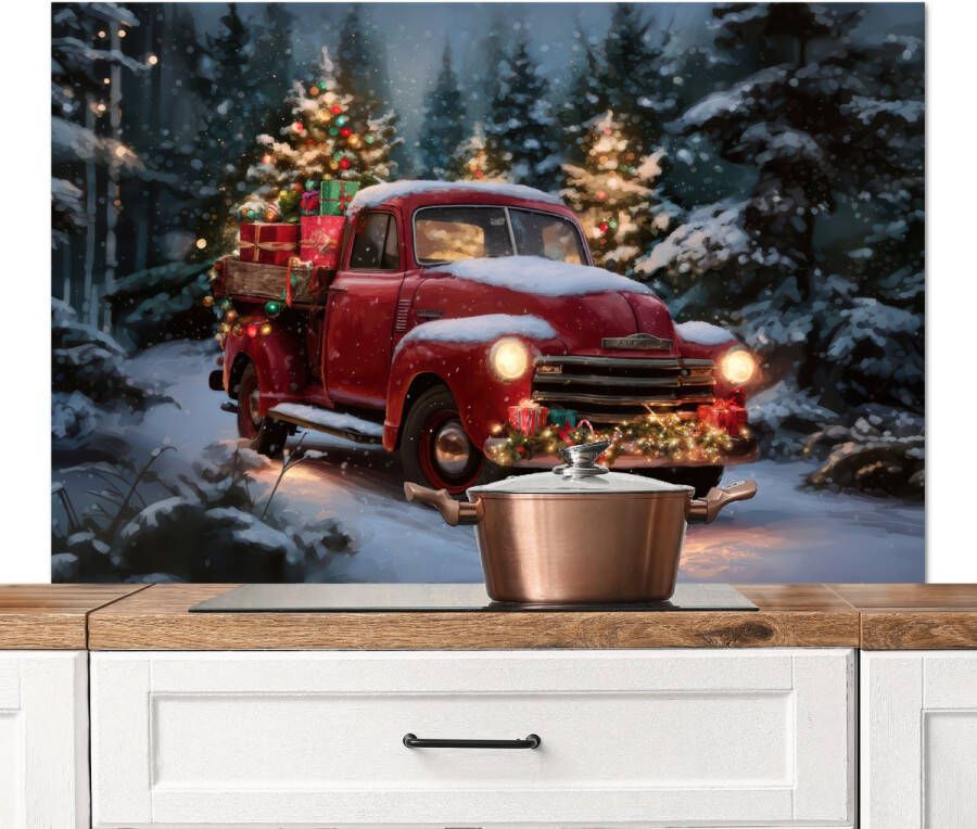 KitchenYeah Spatscherm keuken 120x80 cm Kookplaat achterwand Kersttruck Sneeuwbos Rood Muurbeschermer Spatwand fornuis Hoogwaardig aluminium