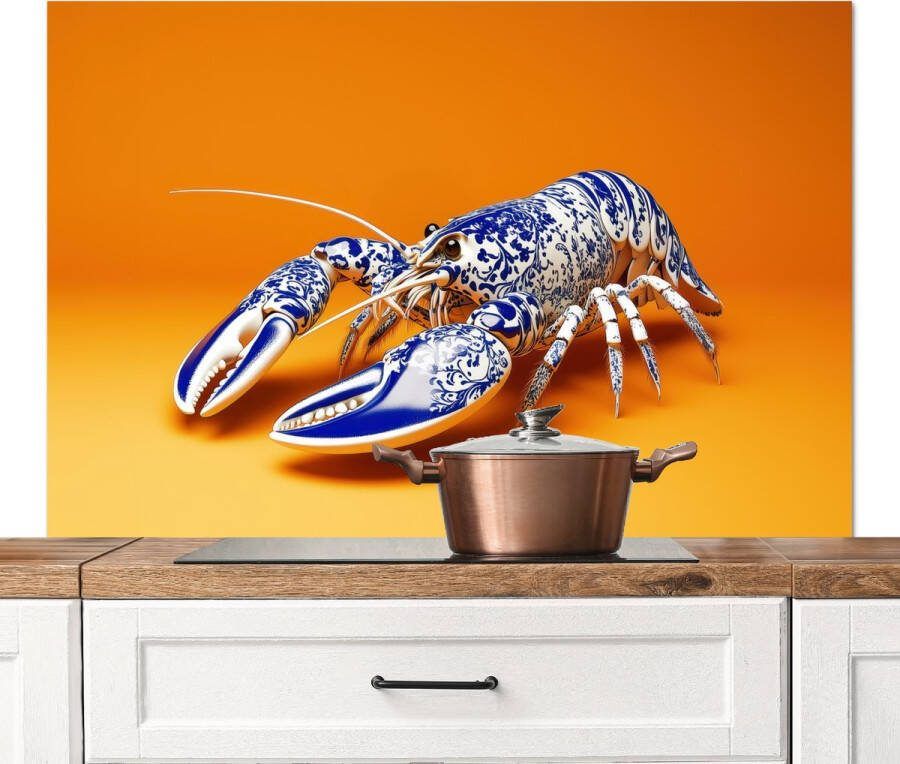 KitchenYeah Spatscherm keuken 120x80 cm Kookplaat achterwand Kreeft Delftsblauw Schild Stoer Oranje Muurbeschermer Spatwand fornuis Hoogwaardig aluminium