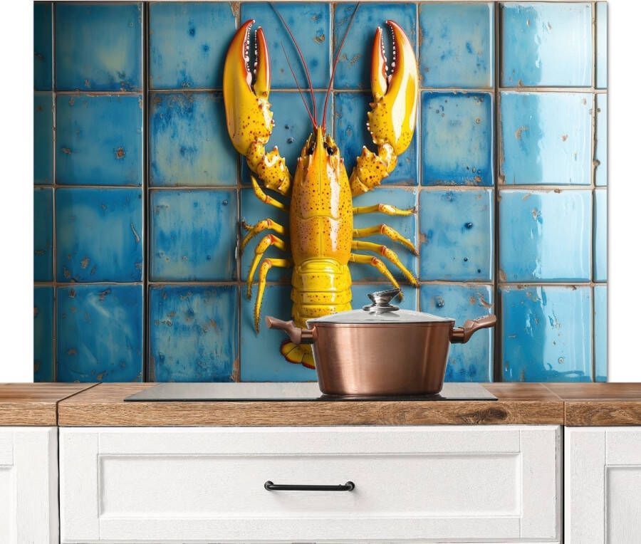 KitchenYeah Spatscherm keuken 120x80 cm Kookplaat achterwand Kreeft Geel Blauw Tegels Muurbeschermer Spatwand fornuis Hoogwaardig aluminium