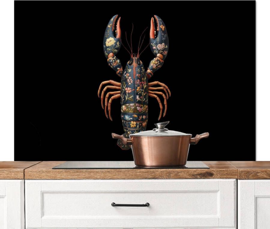 KitchenYeah Spatscherm keuken 120x80 cm Kookplaat achterwand Kreeft Zwart Bloemenpatroon Artistiek Muurbeschermer Spatwand fornuis Hoogwaardig aluminium