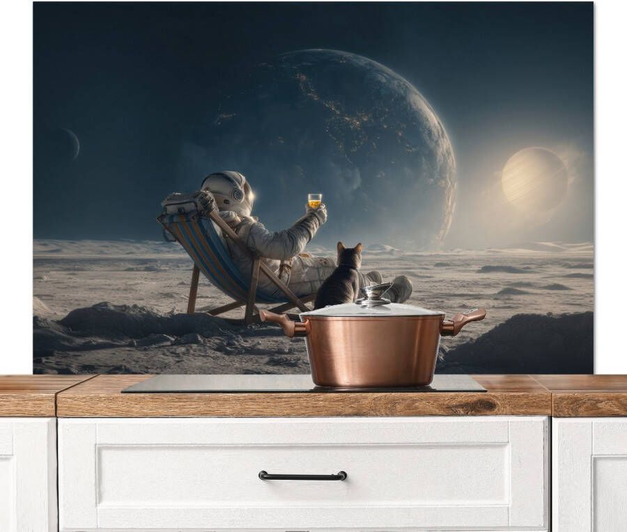 KitchenYeah Spatscherm keuken 120x80 cm Kookplaat achterwand Maan Kat Astronaut Ruimte Muurbeschermer Spatwand fornuis Hoogwaardig aluminium